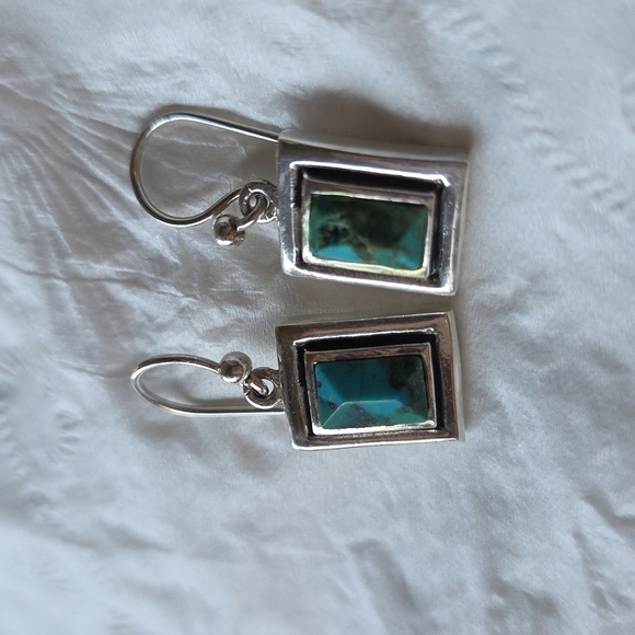 Vintage Turquoise and Silver Rectangular Earrings - Picture 2 of 8